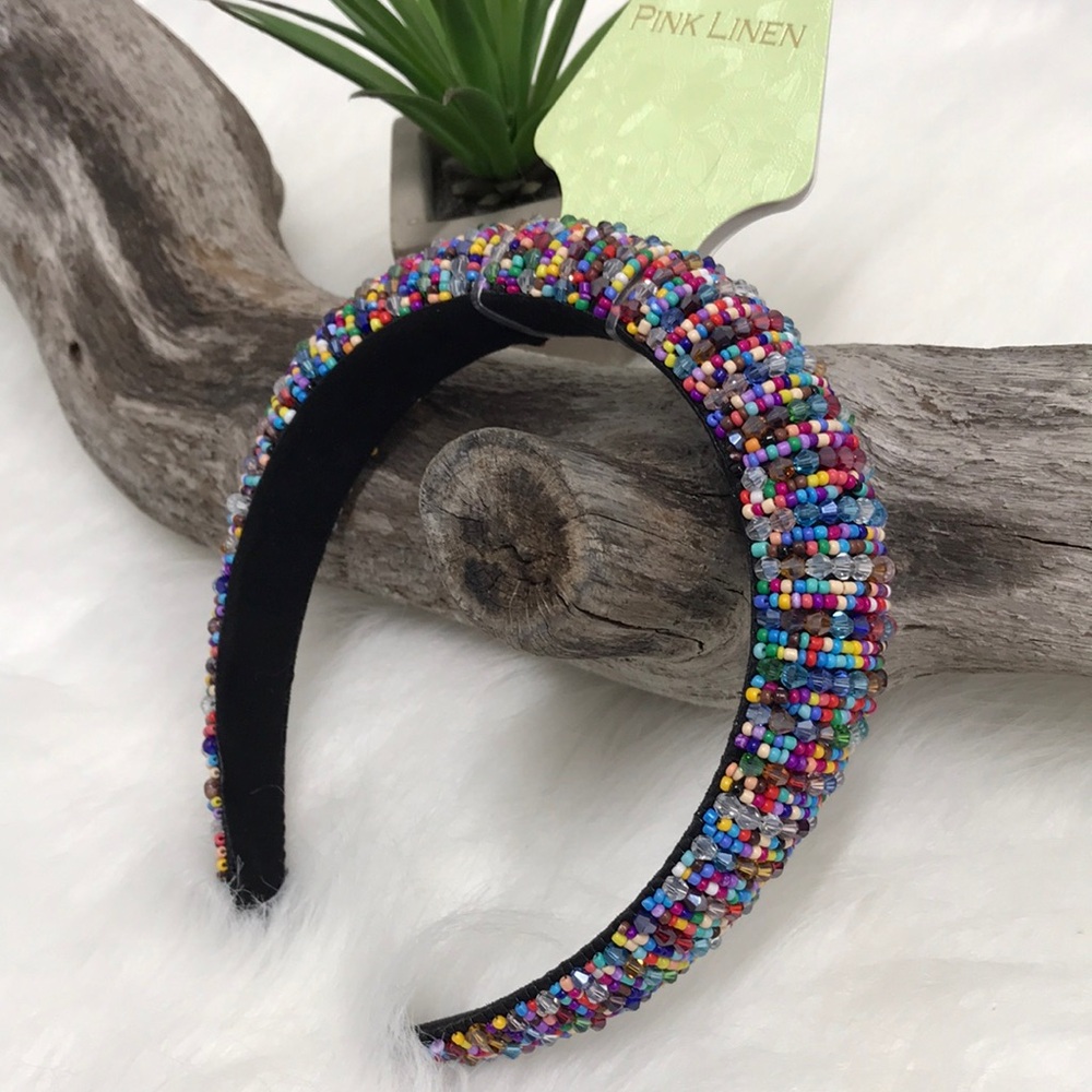 NWT Pink Linen Boho Bohemian Beaded Headband